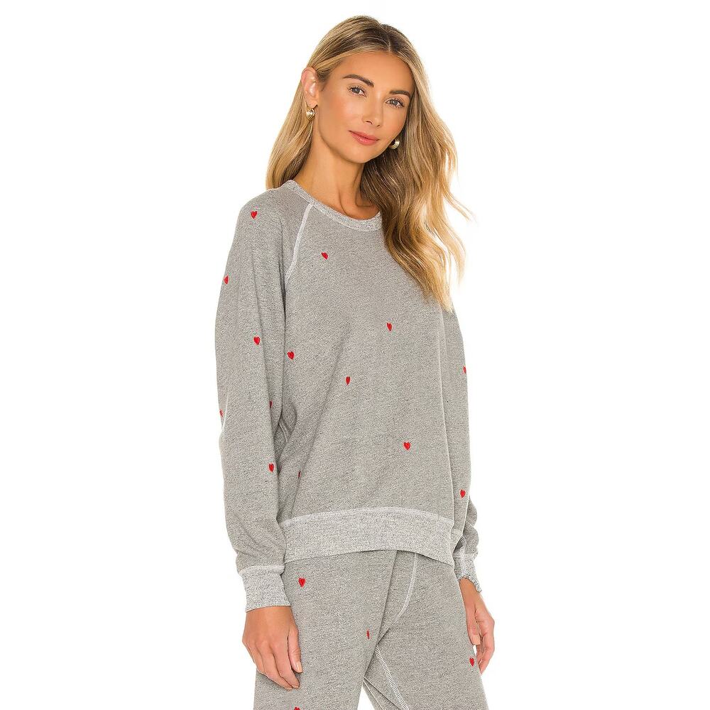 THE GREAT. College Sweater Crewneck Sweatshirt Gray Red Hearts Embroidery Size 0 - Picture 2 of 8